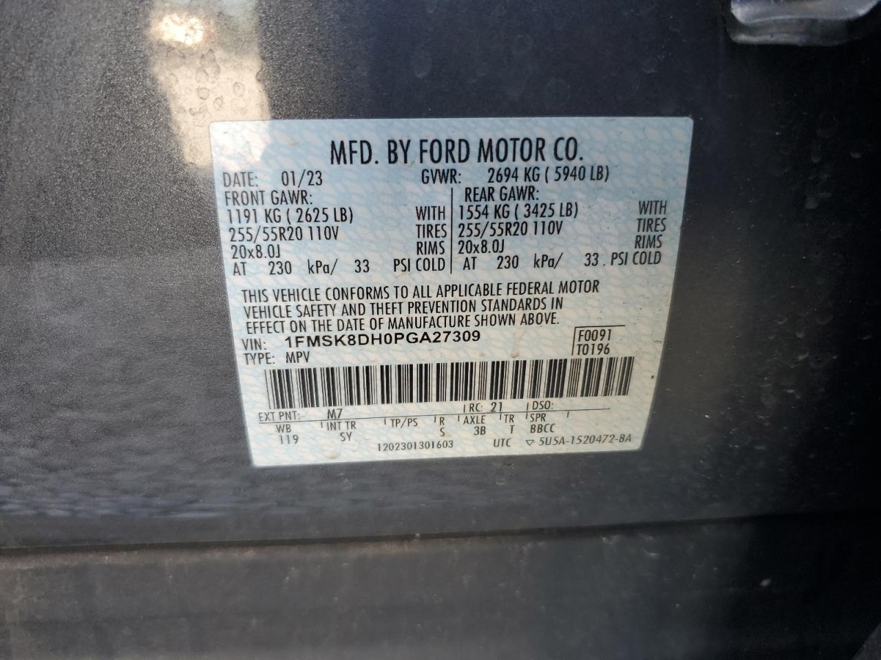 2023 FORD EXPLORER XLT VIN:1FMSK8DH0PGA27309