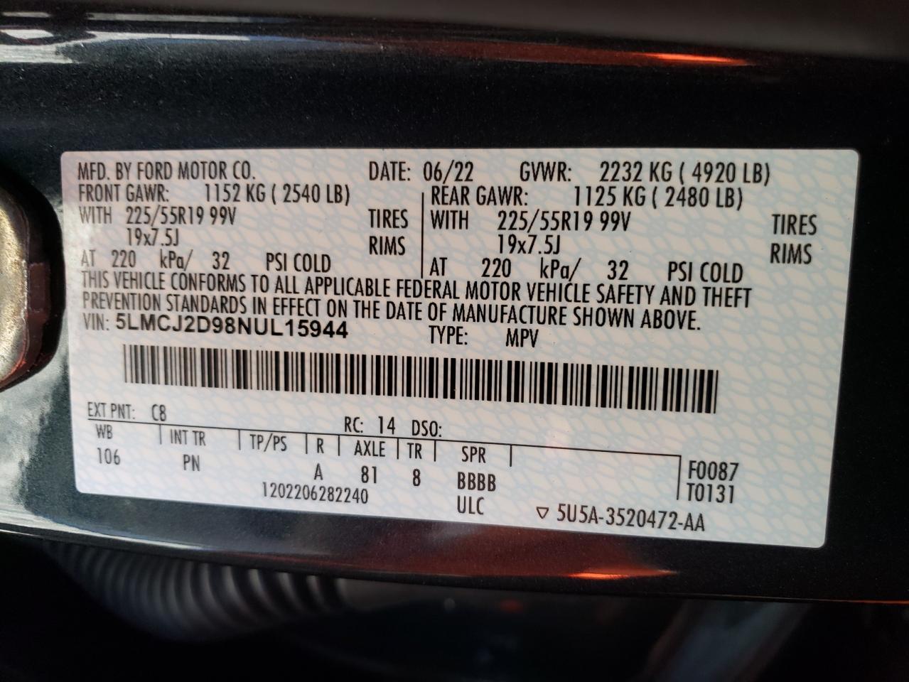 2022 LINCOLN CORSAIR RESERVE VIN:5LMCJ2D98NUL15944