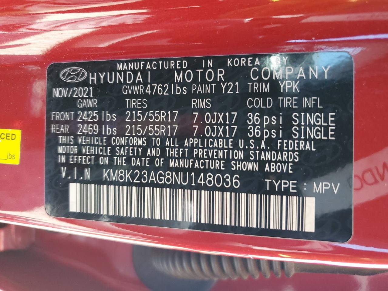 2022 HYUNDAI KONA SEL VIN:KM8K23AG8NU148036