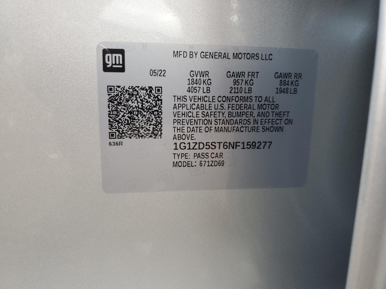 2022 CHEVROLET MALIBU LT VIN:1G1ZD5ST6NF159277