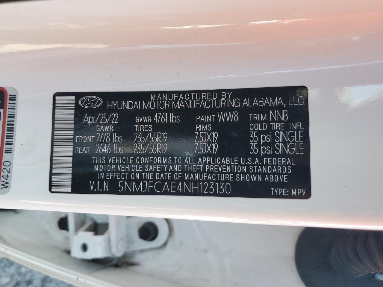 2022 HYUNDAI TUCSON SEL VIN:5NMJFCAE4NH123130