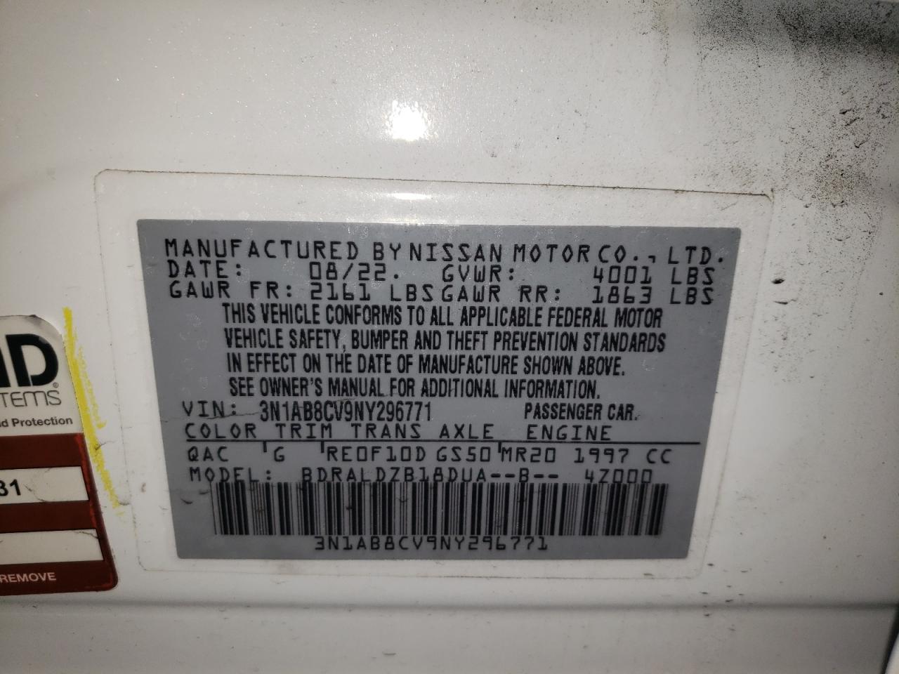 2022 NISSAN SENTRA SV VIN:3N1AB8CV9NY296771