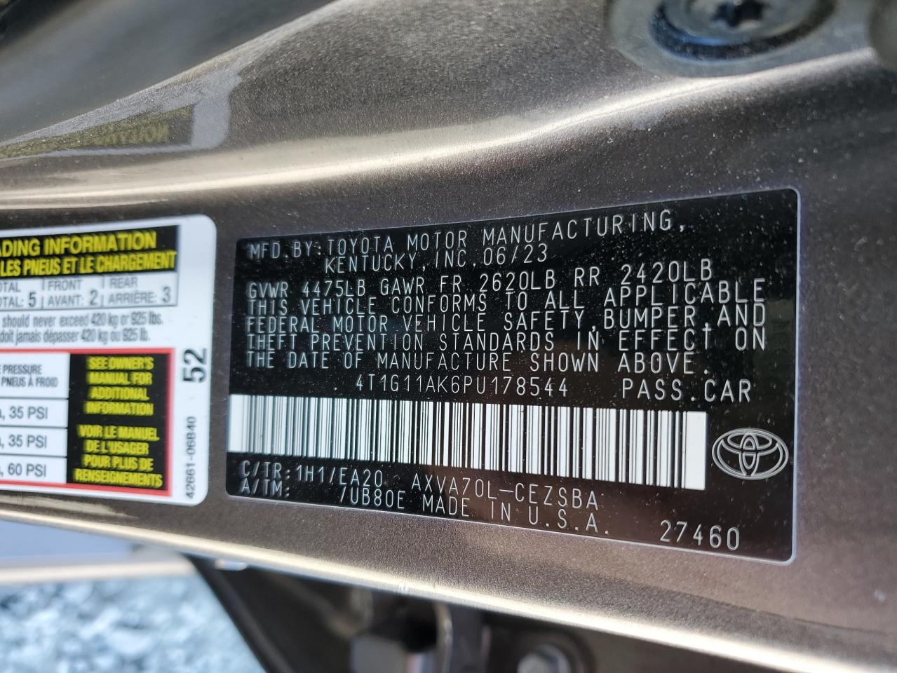 2023 TOYOTA CAMRY SE NIGHT SHADE VIN:4T1G11AK6PU178544