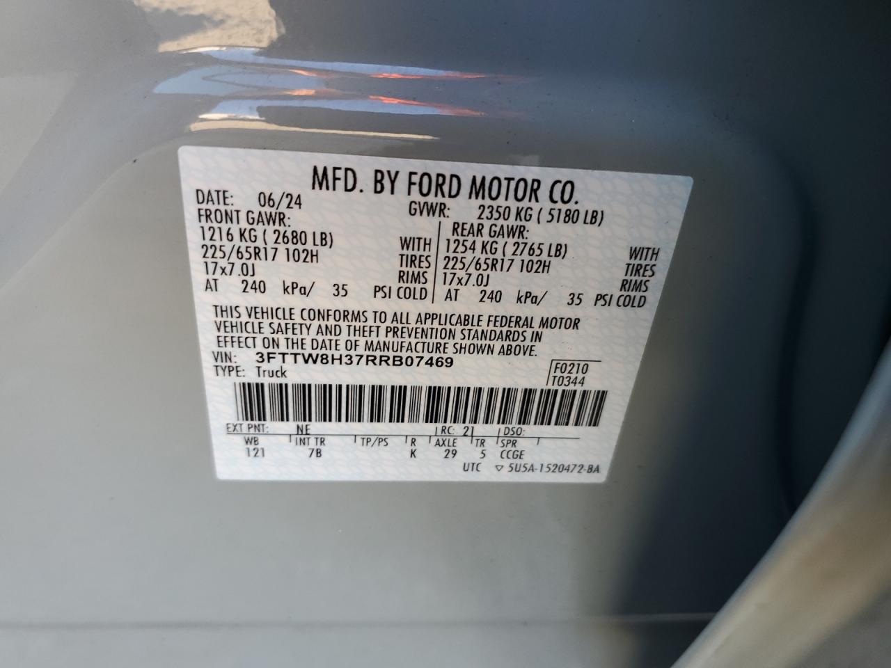 2024 FORD MAVERICK XLT VIN:3FTTW8H37RRB07469