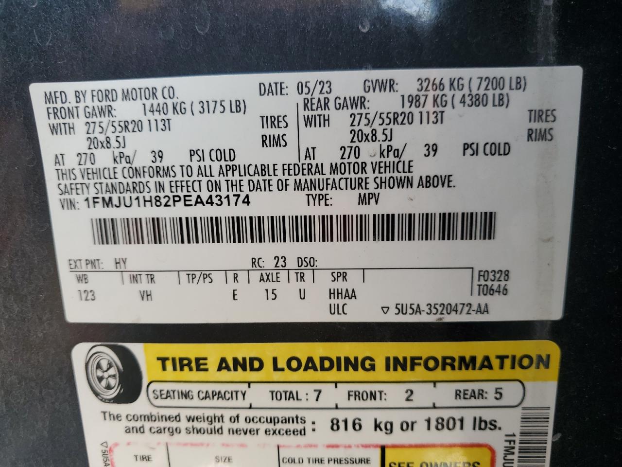 2023 FORD EXPEDITION XLT VIN:1FMJU1H82PEA43174