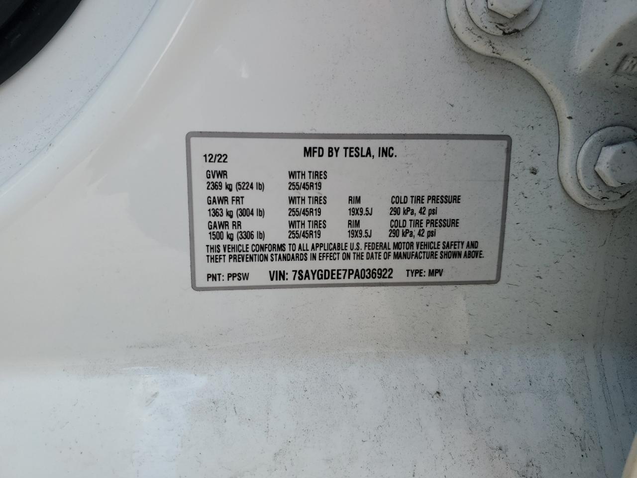 2023 TESLA MODEL Y  VIN:7SAYGDEE7PA036922