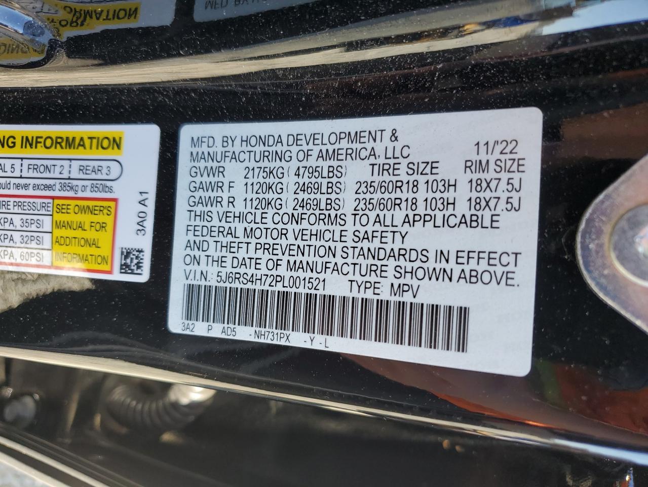 2023 HONDA CR-V EXL VIN:5J6RS4H72PL001521