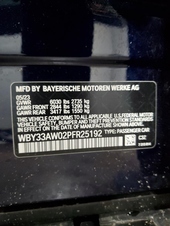 2023 BMW I4 M50 VIN:WBY33AW02PFR25192