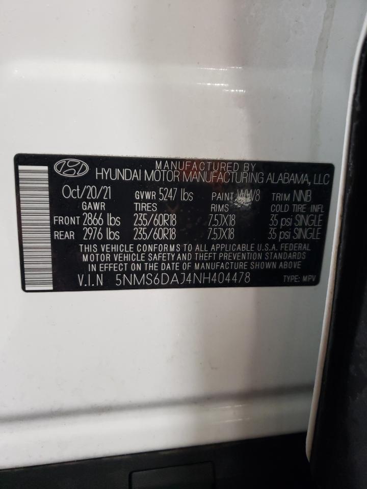 2022 HYUNDAI SANTA FE SEL VIN:5NMS6DAJ4NH404478