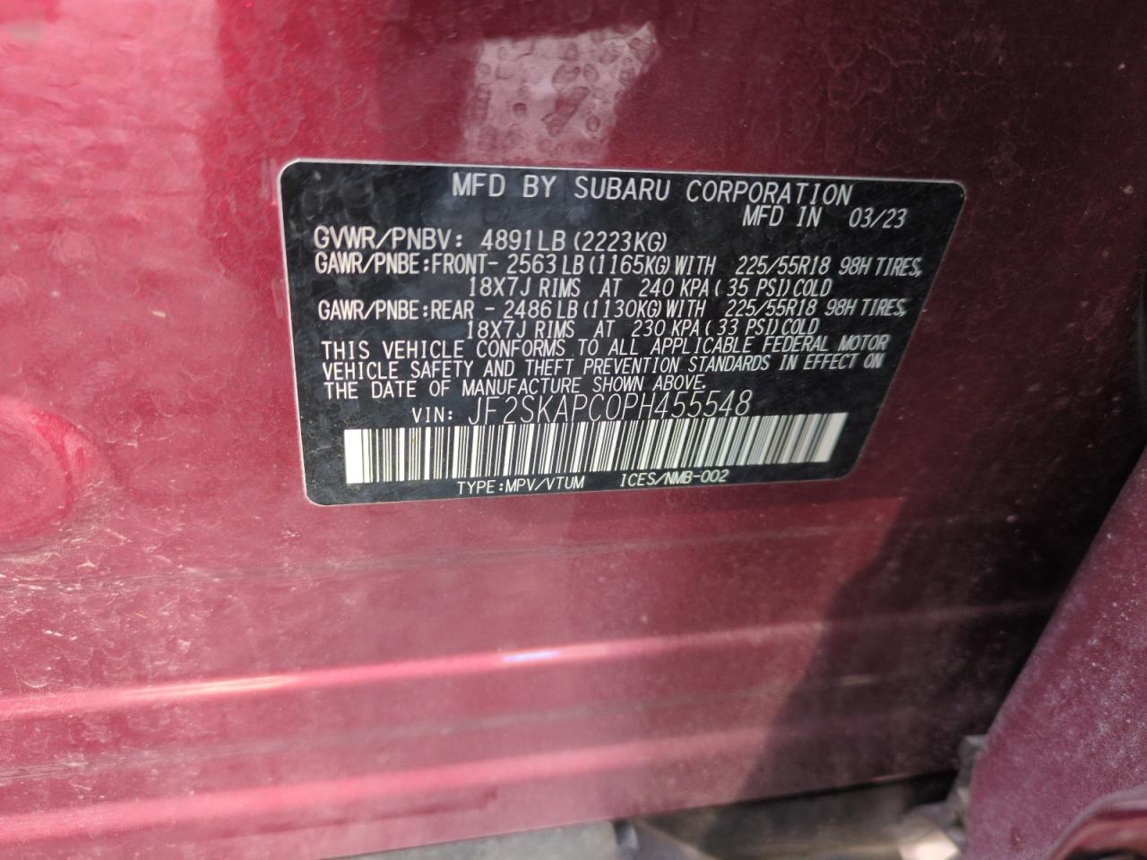 2023 SUBARU FORESTER LIMITED VIN:JF2SKAPC0PH455548