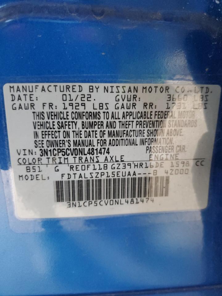 2022 NISSAN KICKS SV VIN:3N1CP5CV0NL481474