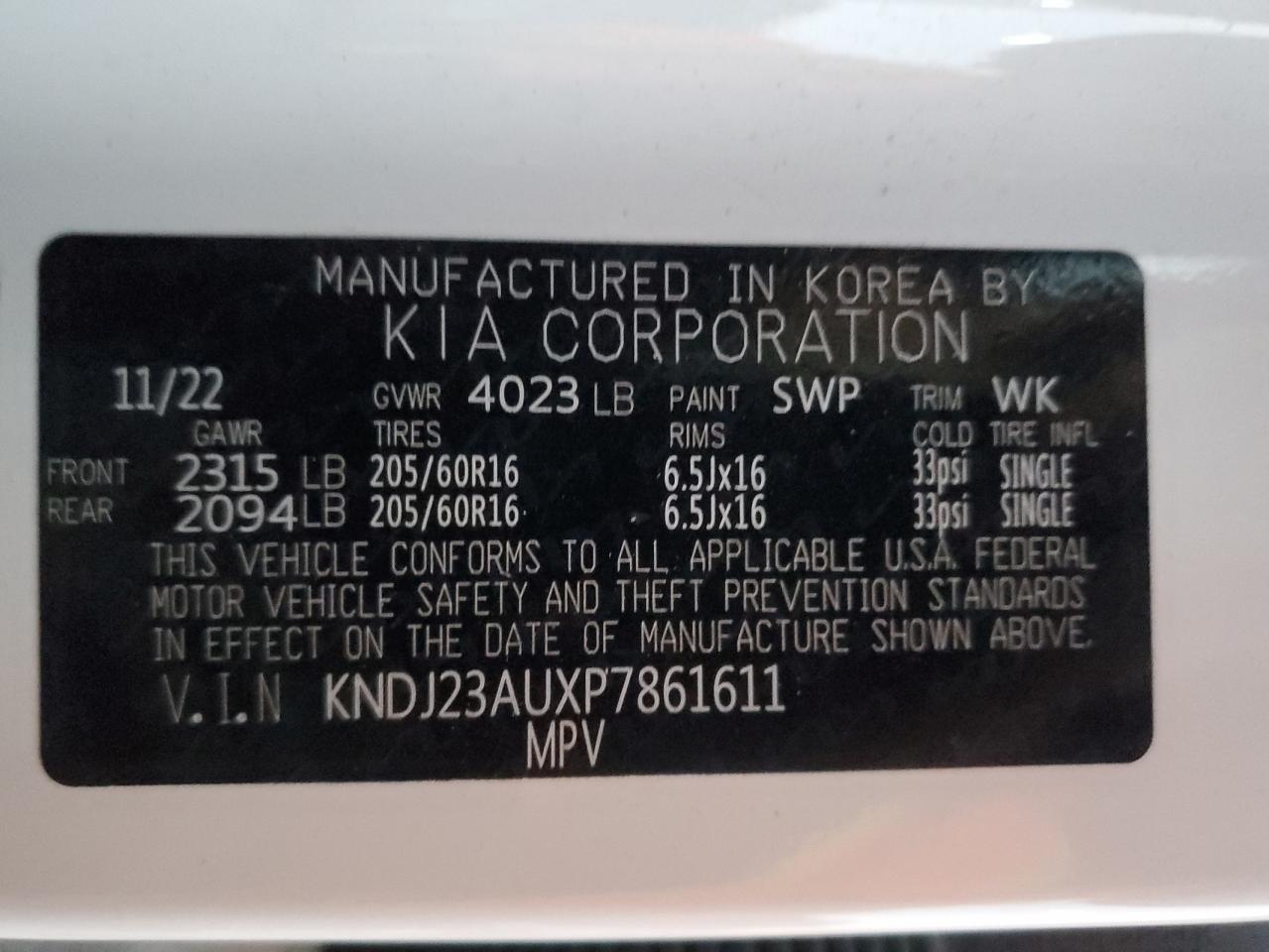 2023 KIA SOUL LX VIN:KNDJ23AUXP7861611