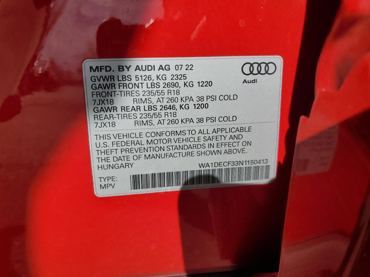2022 AUDI Q3 PREMIUM S LINE 45 VIN:WA1DECF33N1150413