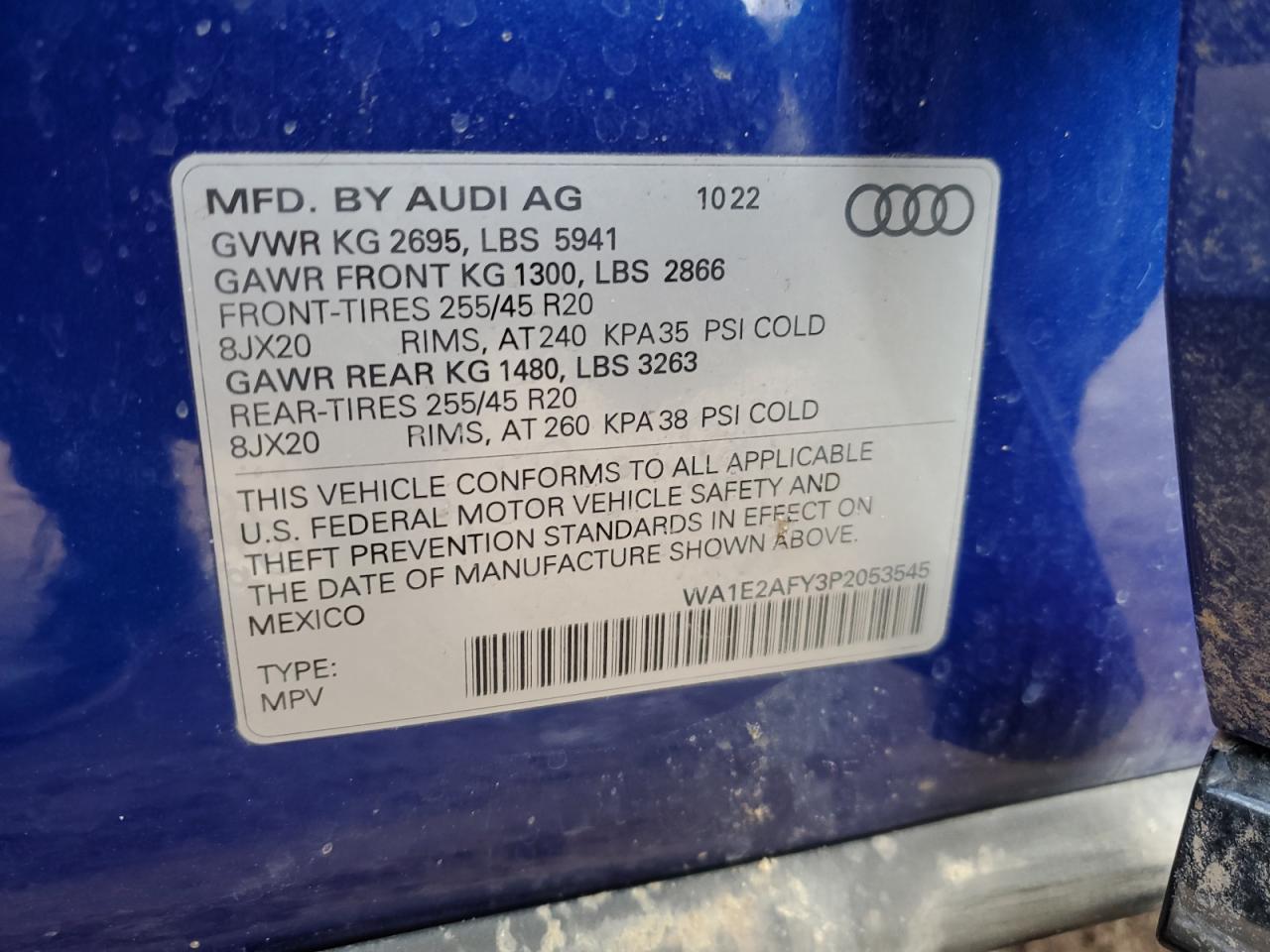 2023 AUDI Q5 E PREMIUM PLUS 55 VIN:WA1E2AFY3P2053545