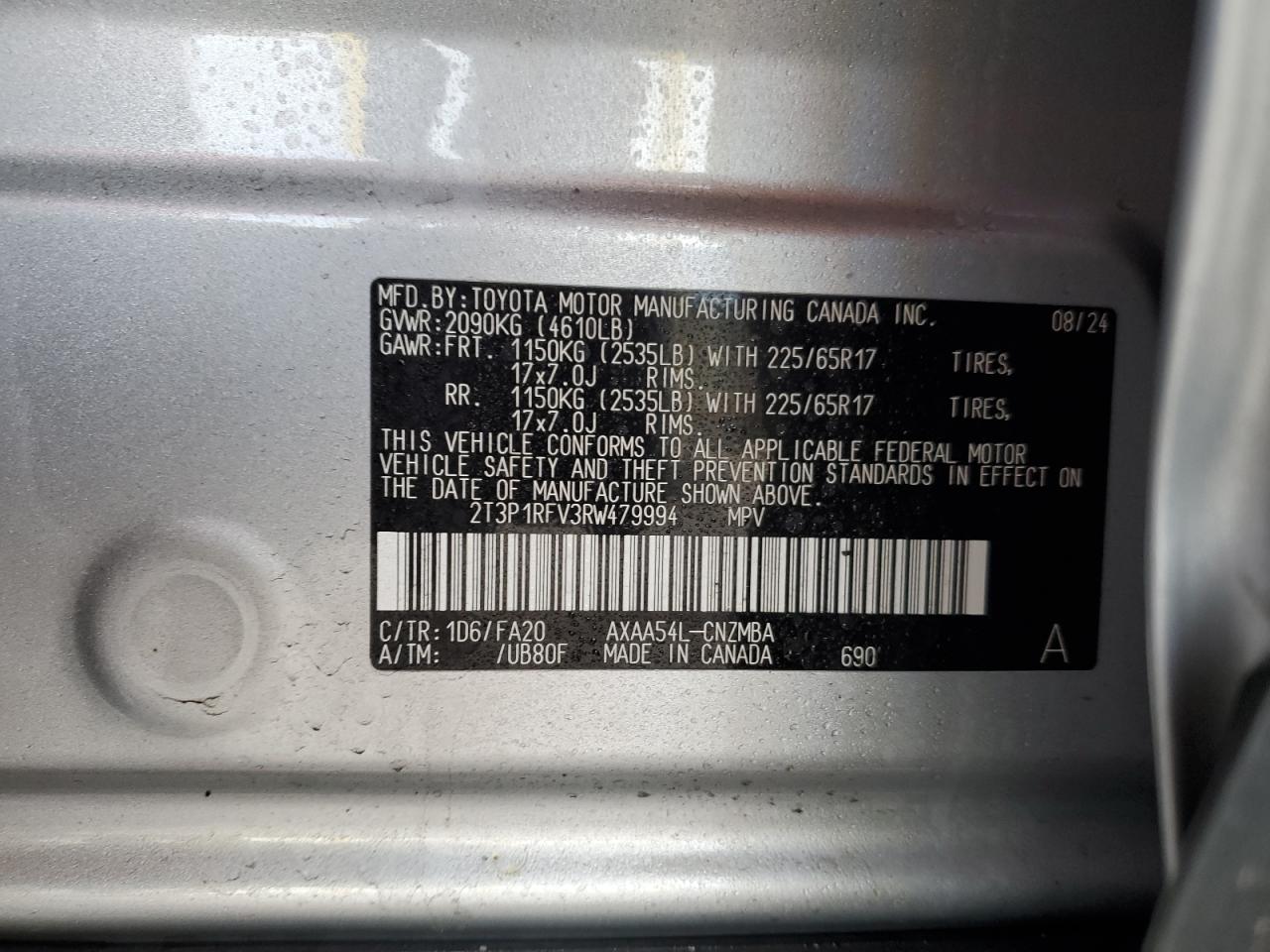 2024 TOYOTA RAV4 XLE VIN:2T3P1RFV3RW479994