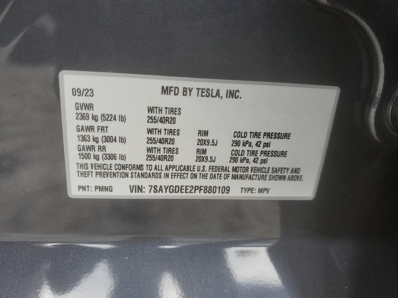 2023 TESLA MODEL Y  VIN:7SAYGDEE2PF880109