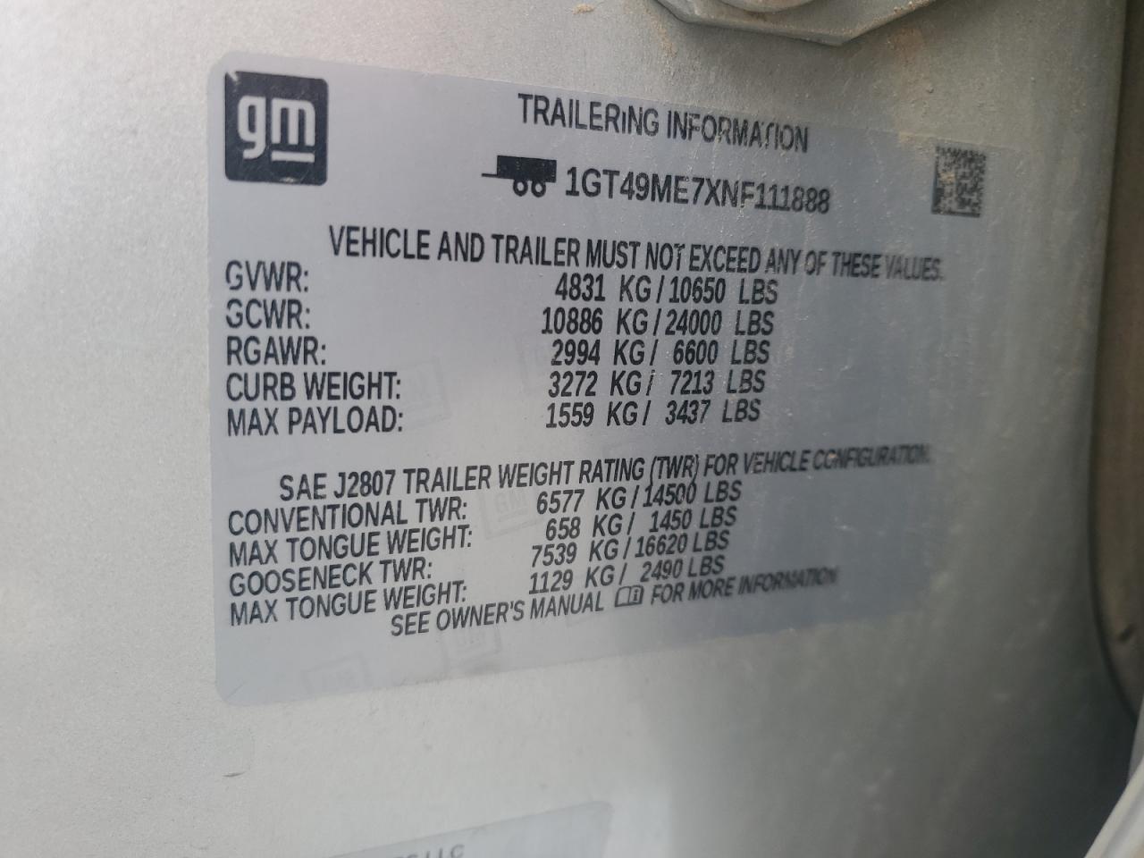 2022 GMC SIERRA K2500 SLE VIN:1GT49ME7XNF111888