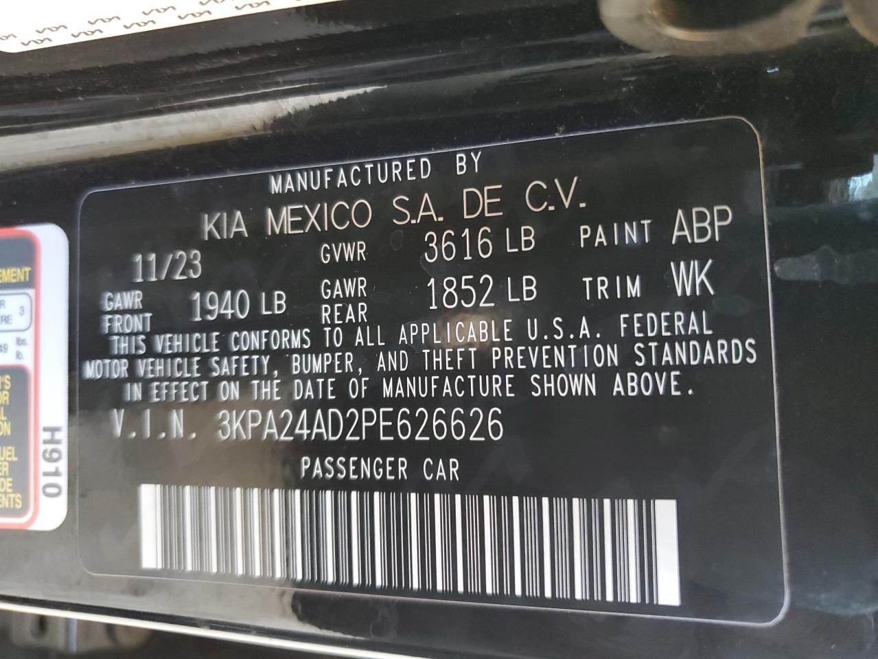 2023 KIA RIO LX VIN:3KPA24AD2PE626626