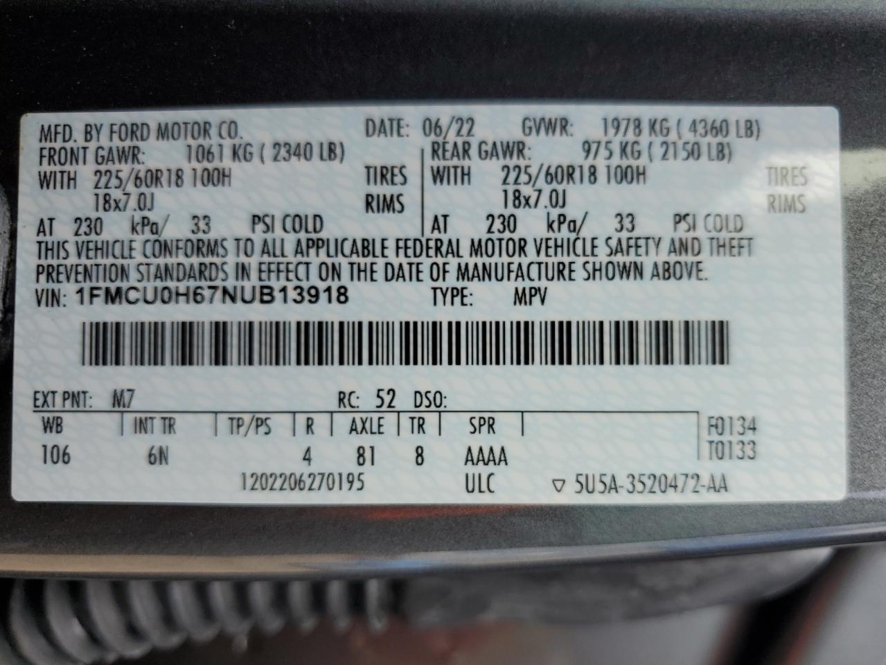 2022 FORD ESCAPE SEL VIN:1FMCU0H67NUB13918