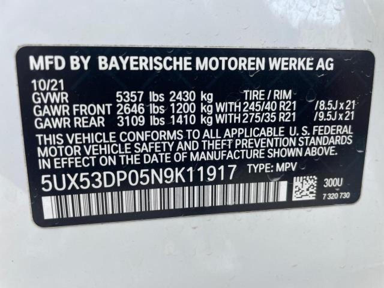 2022 BMW X3 XDRIVE30I VIN:5UX53DP05N9K11917