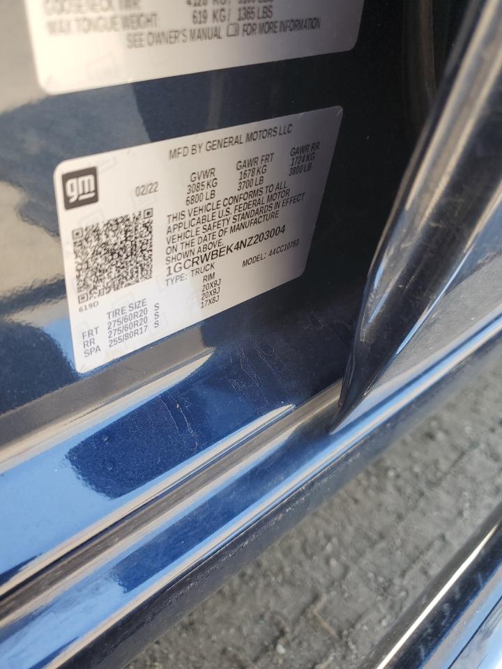 2022 CHEVROLET SILVERADO LTD C1500 CUSTOM VIN:1GCRWBEK4NZ203004