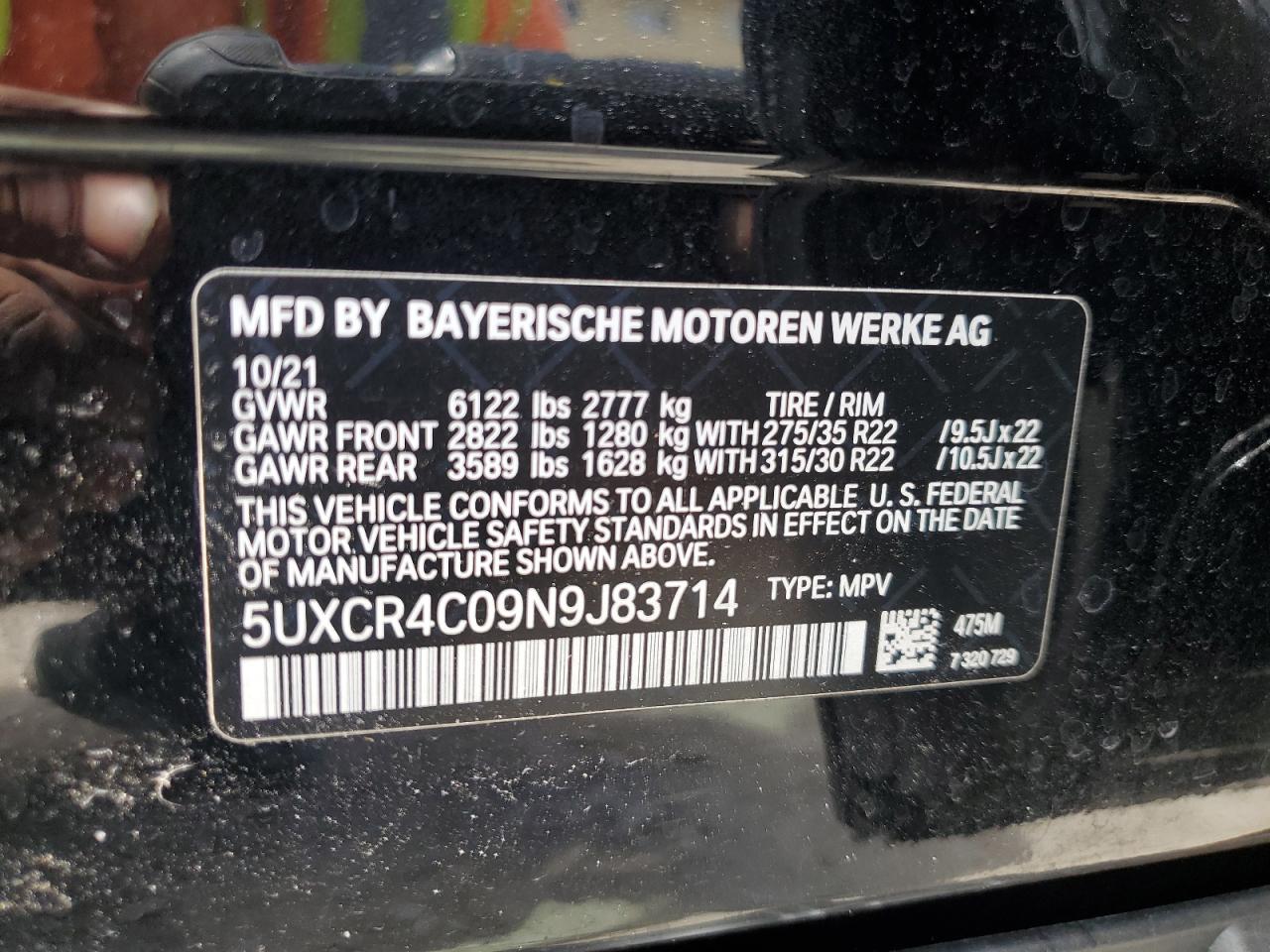 2022 BMW X5 SDRIVE 40I VIN:5UXCR4C09N9J83714