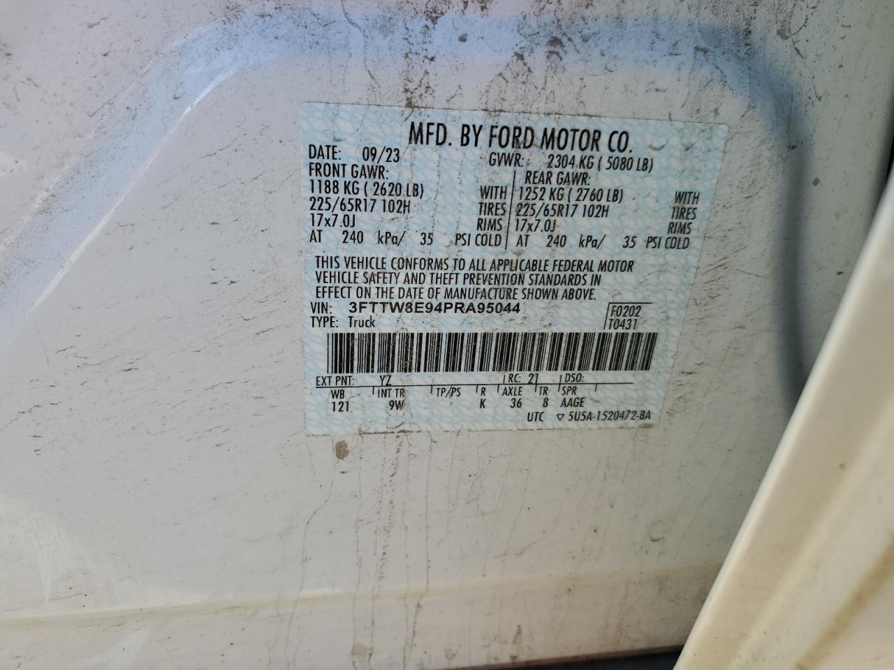 2023 FORD MAVERICK XL VIN:3FTTW8E94PRA95044