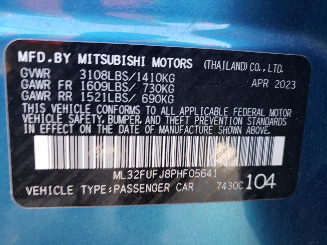 2023 MITSUBISHI MIRAGE G4 ES VIN:ML32FUFJ8PHF05641