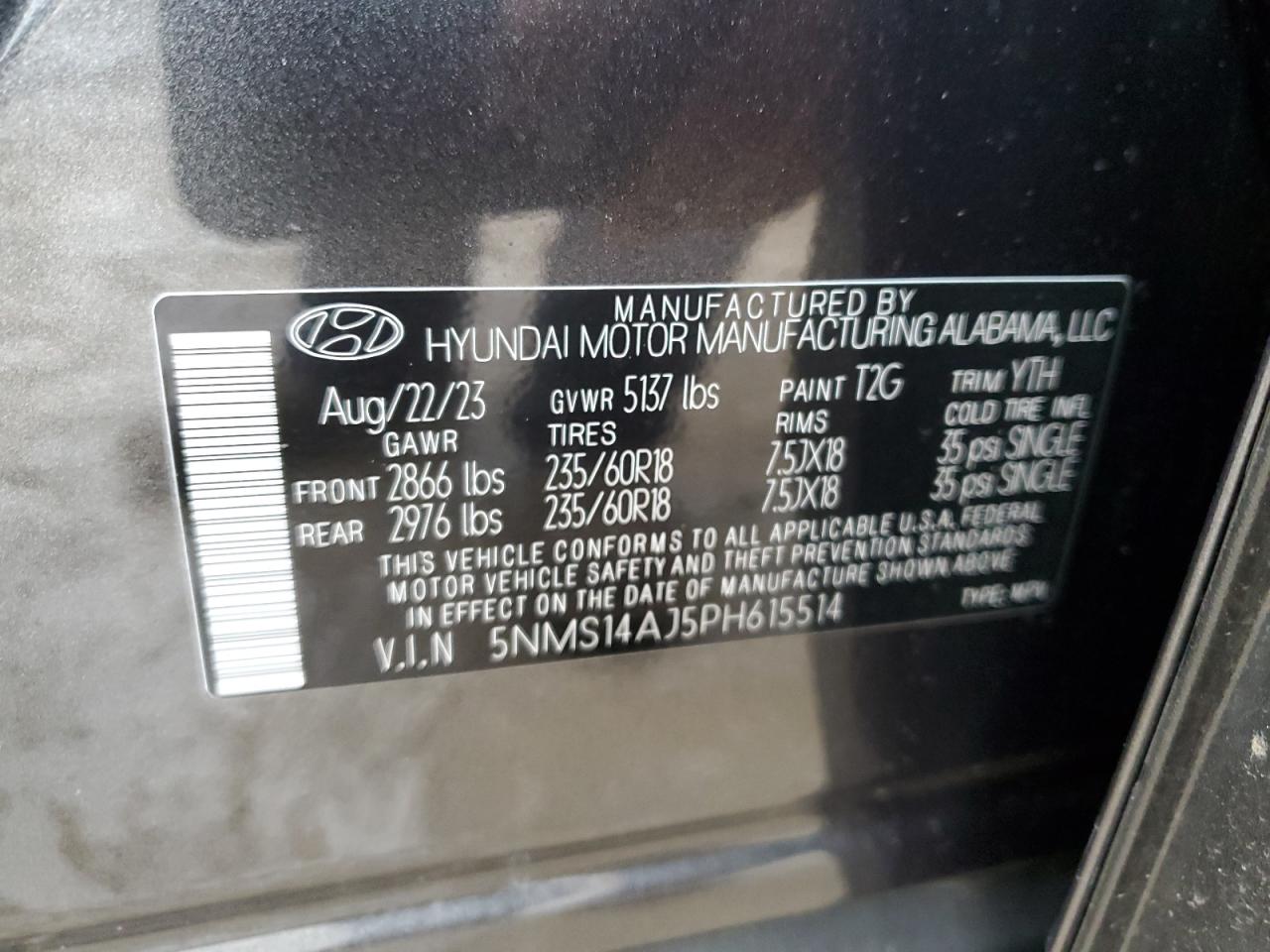 2023 HYUNDAI SANTA FE SE VIN:WP1AA2A50MLB02070