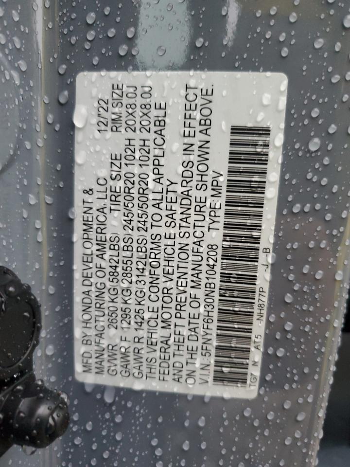 2022 HONDA PILOT SPORT VIN:5FNYF6H30NB104208