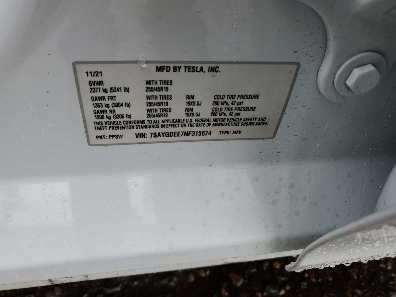 2022 TESLA MODEL Y  VIN:7SAYGDEE7NF315674