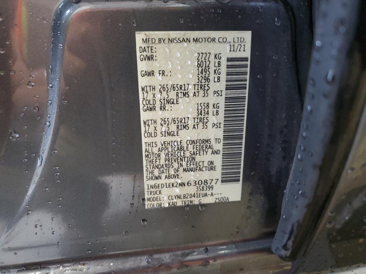 2022 NISSAN FRONTIER S VIN:1N6ED1EK2NN630877