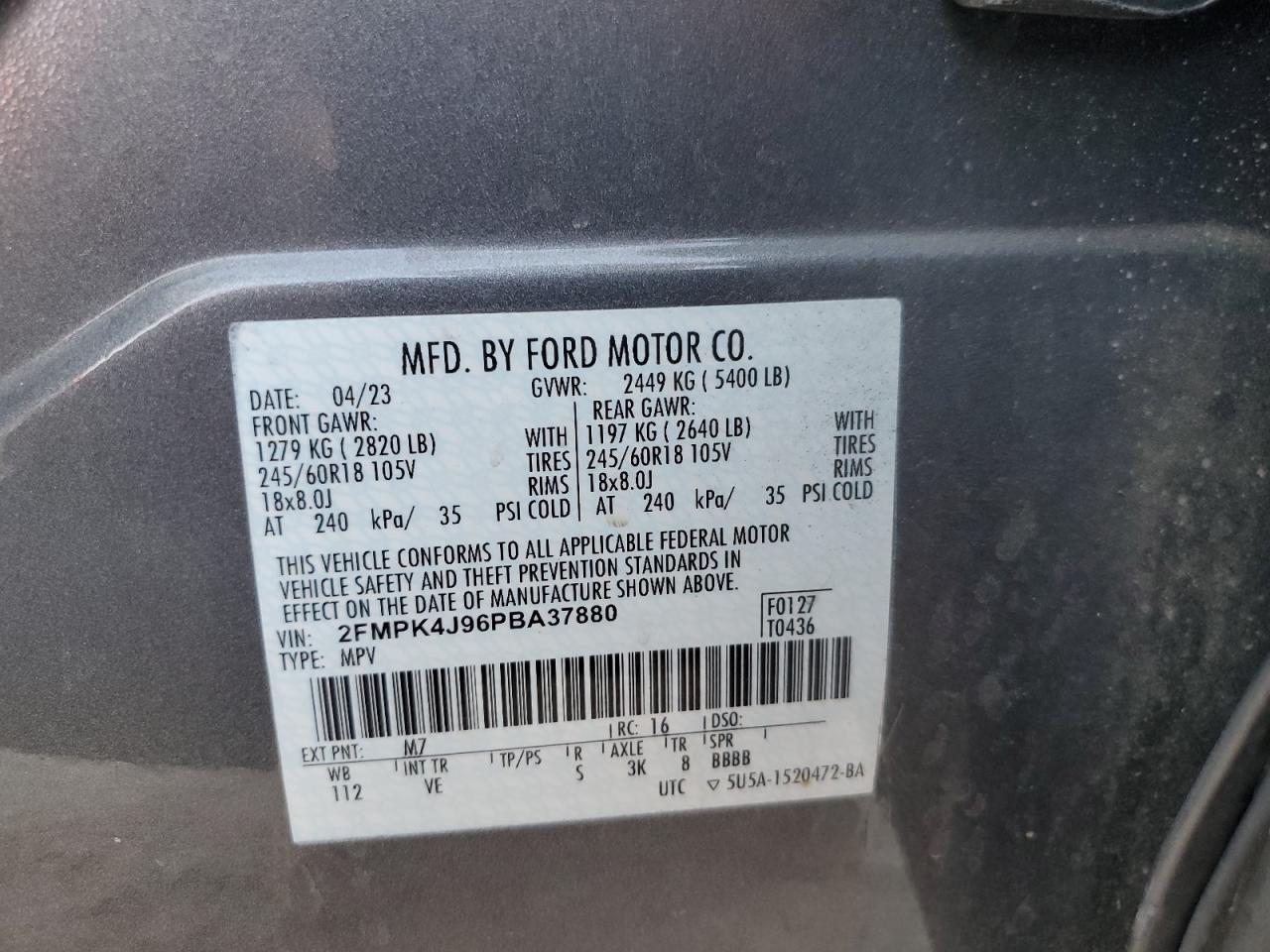 2023 FORD EDGE SEL VIN:2FMPK4J96PBA37880