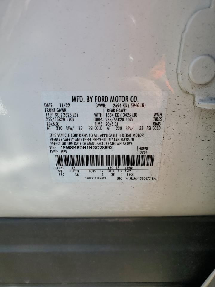 2022 FORD EXPLORER XLT VIN:1FMSK8DH1NGC28892