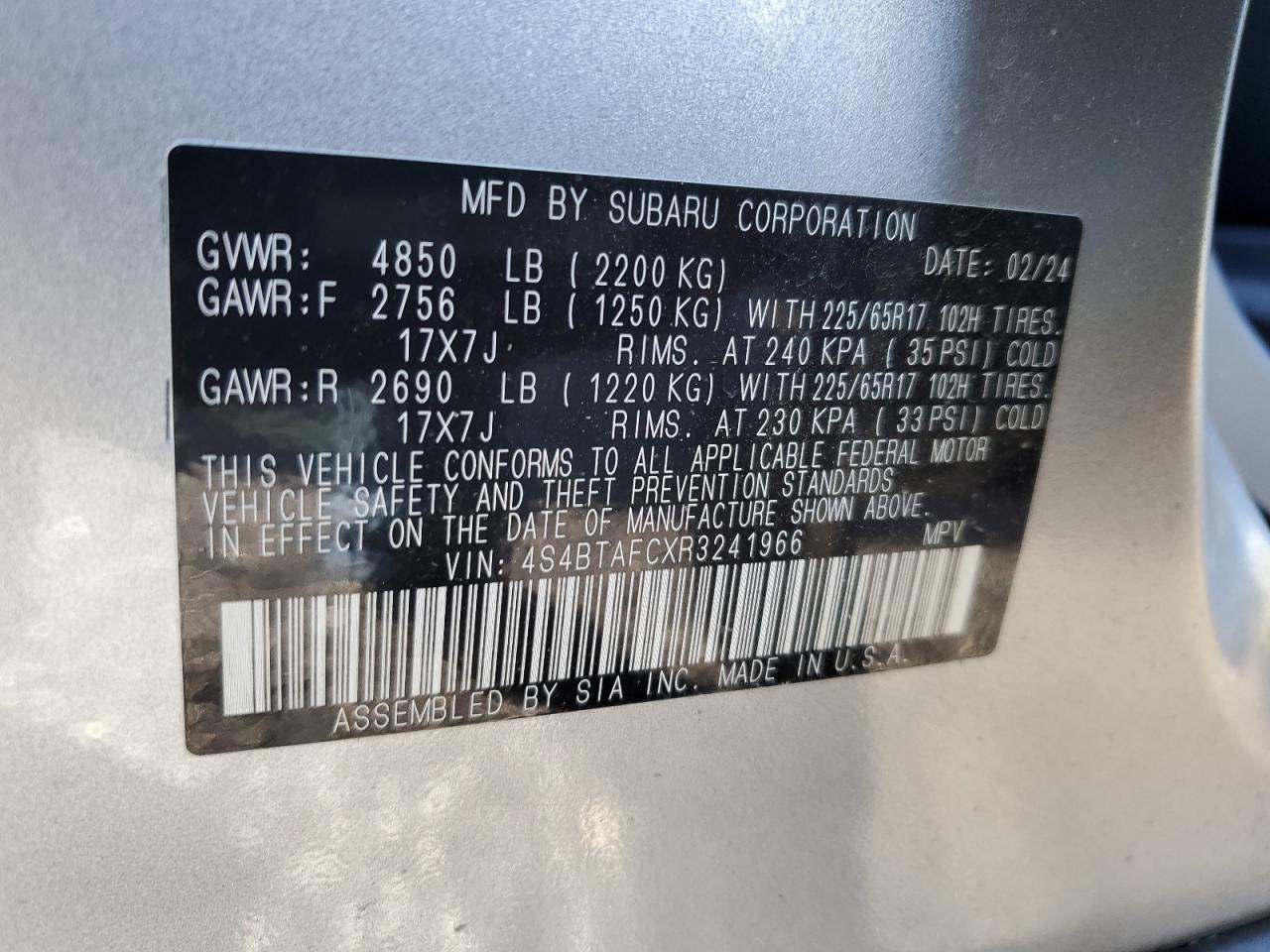 2024 SUBARU OUTBACK PREMIUM VIN:4S4BTAFCXR3241966