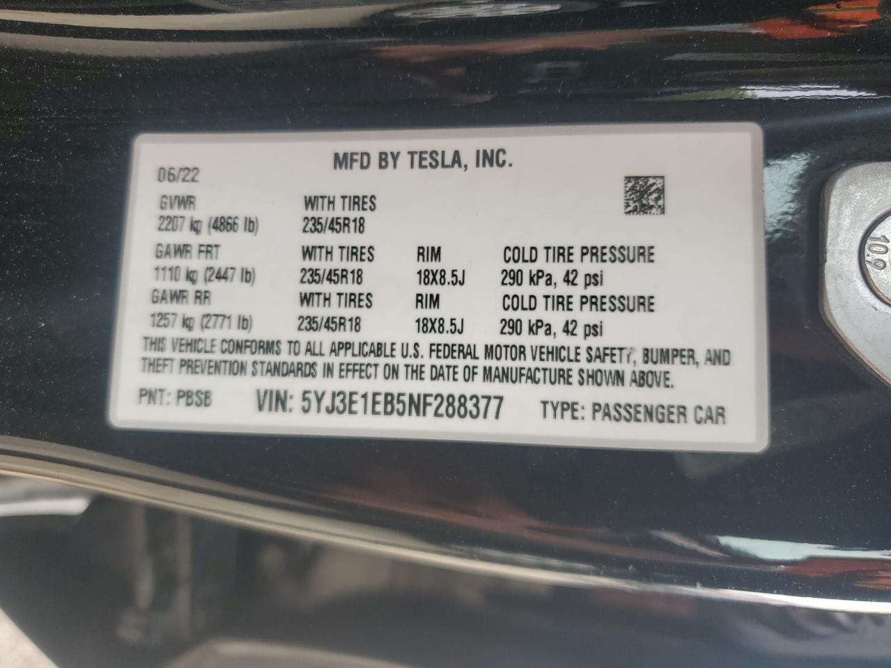 2022 TESLA MODEL 3  VIN:5YJ3E1EB5NF288377