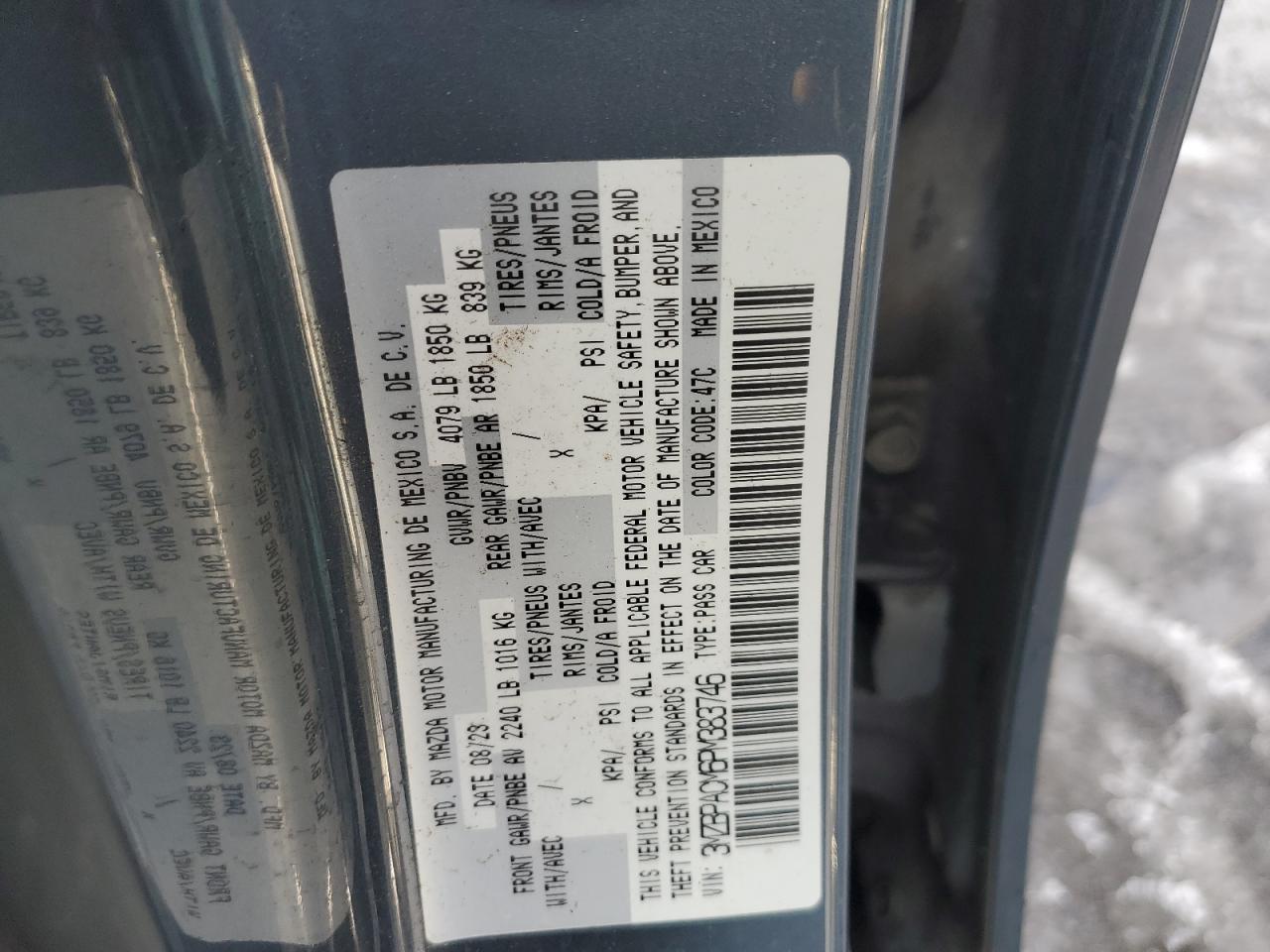 2023 MAZDA 3 PREFERRED VIN:3MZBPACM6PM383746