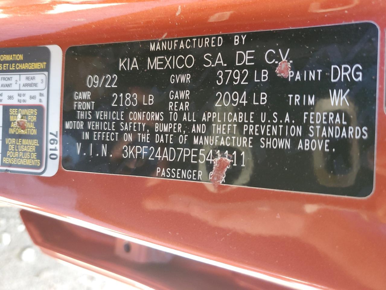 2023 KIA FORTE LX VIN:3KPF24AD7PE541111