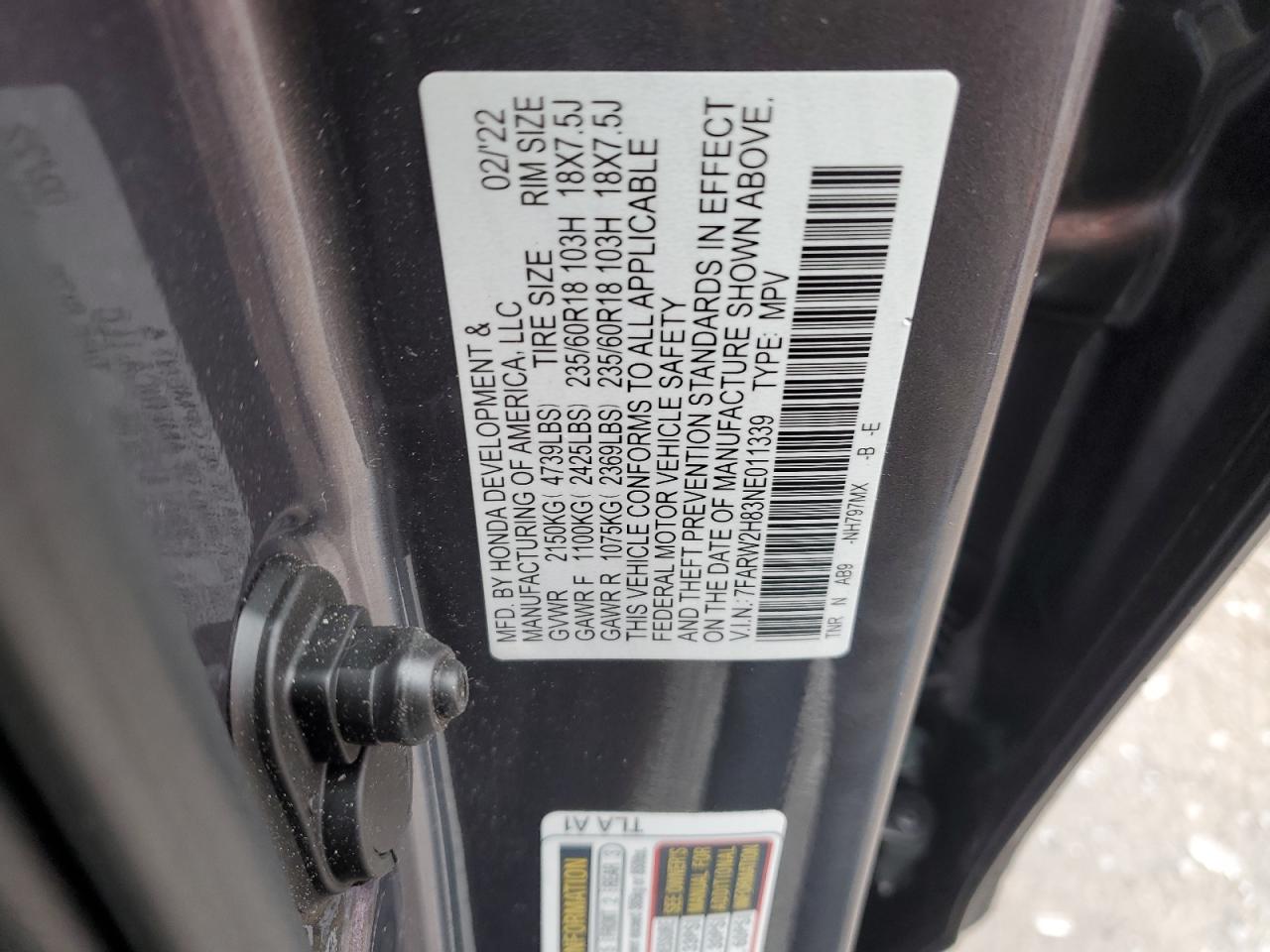 2022 HONDA CR-V EXL VIN:7FARW2H83NE011339
