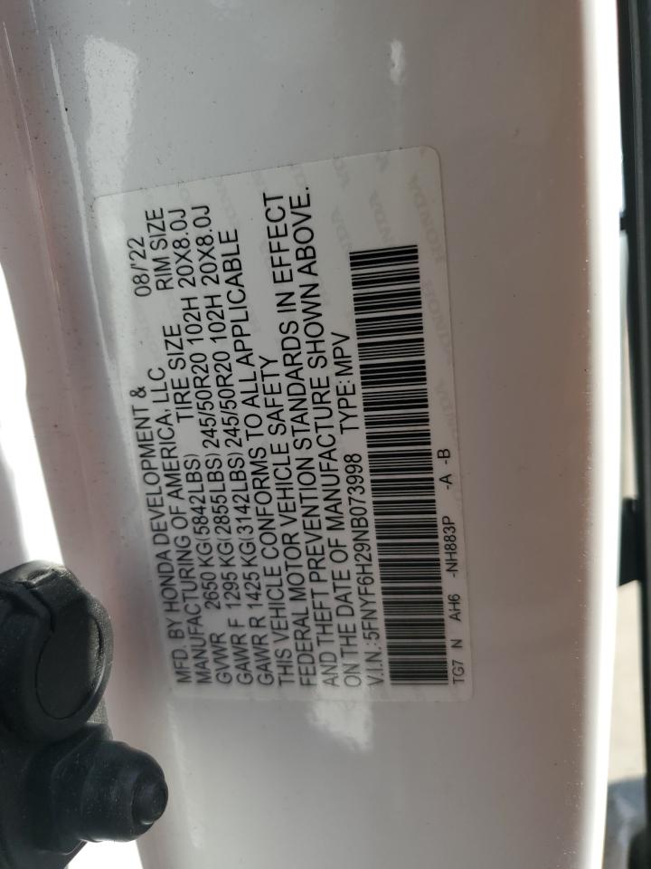 2022 HONDA PILOT SE VIN:5FNYF6H29NB073998