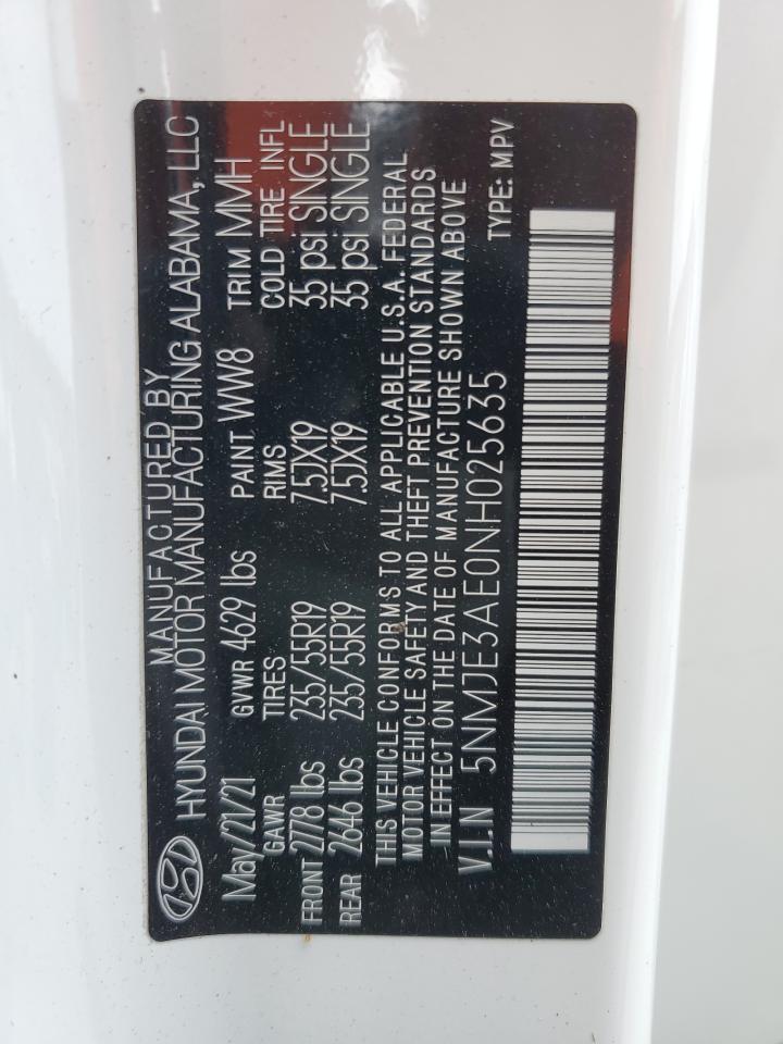 2022 HYUNDAI TUCSON LIMITED VIN:5NMJE3AE0NH025635