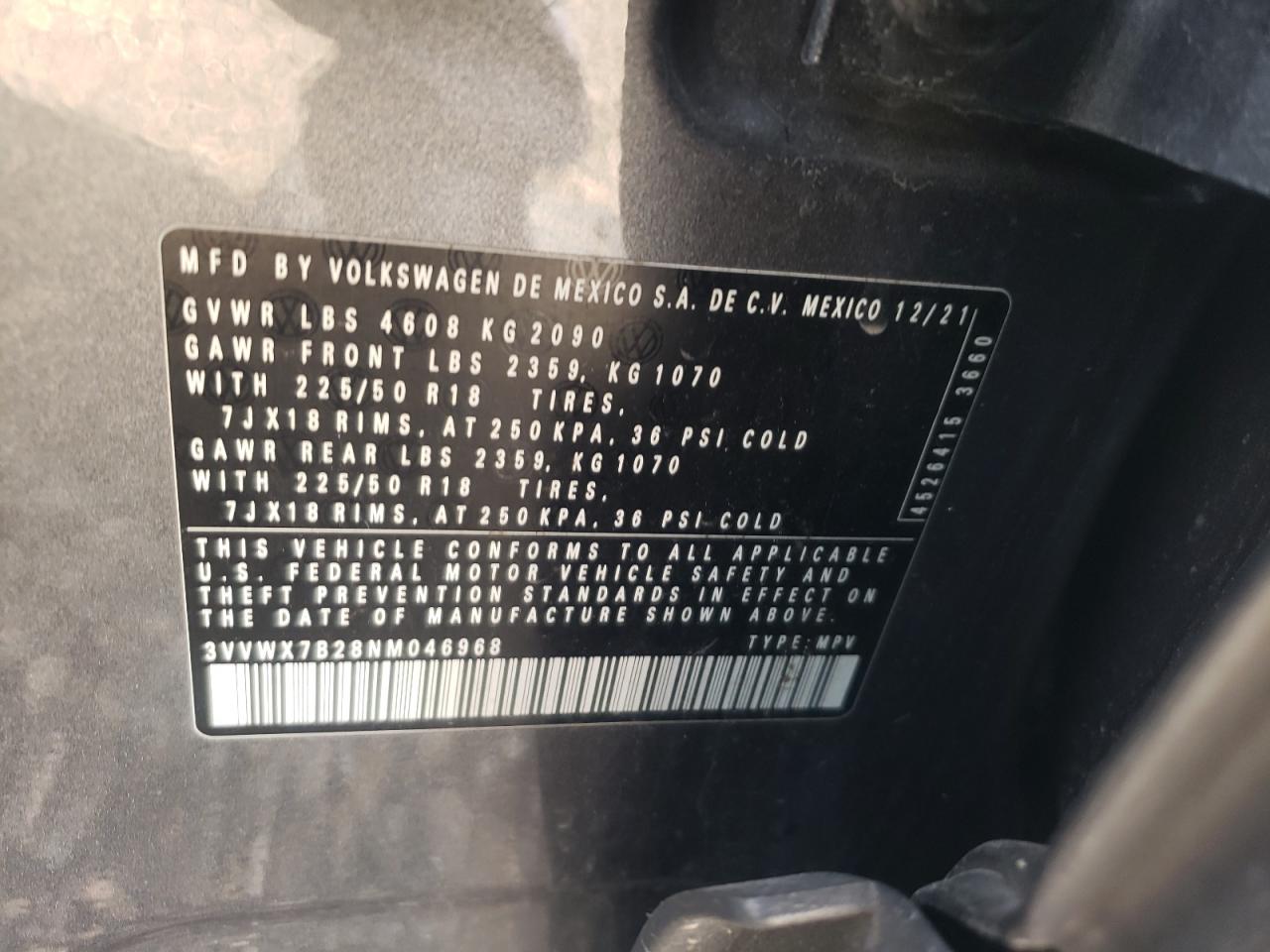 2022 VOLKSWAGEN TAOS SE VIN:3VVWX7B28NM046968