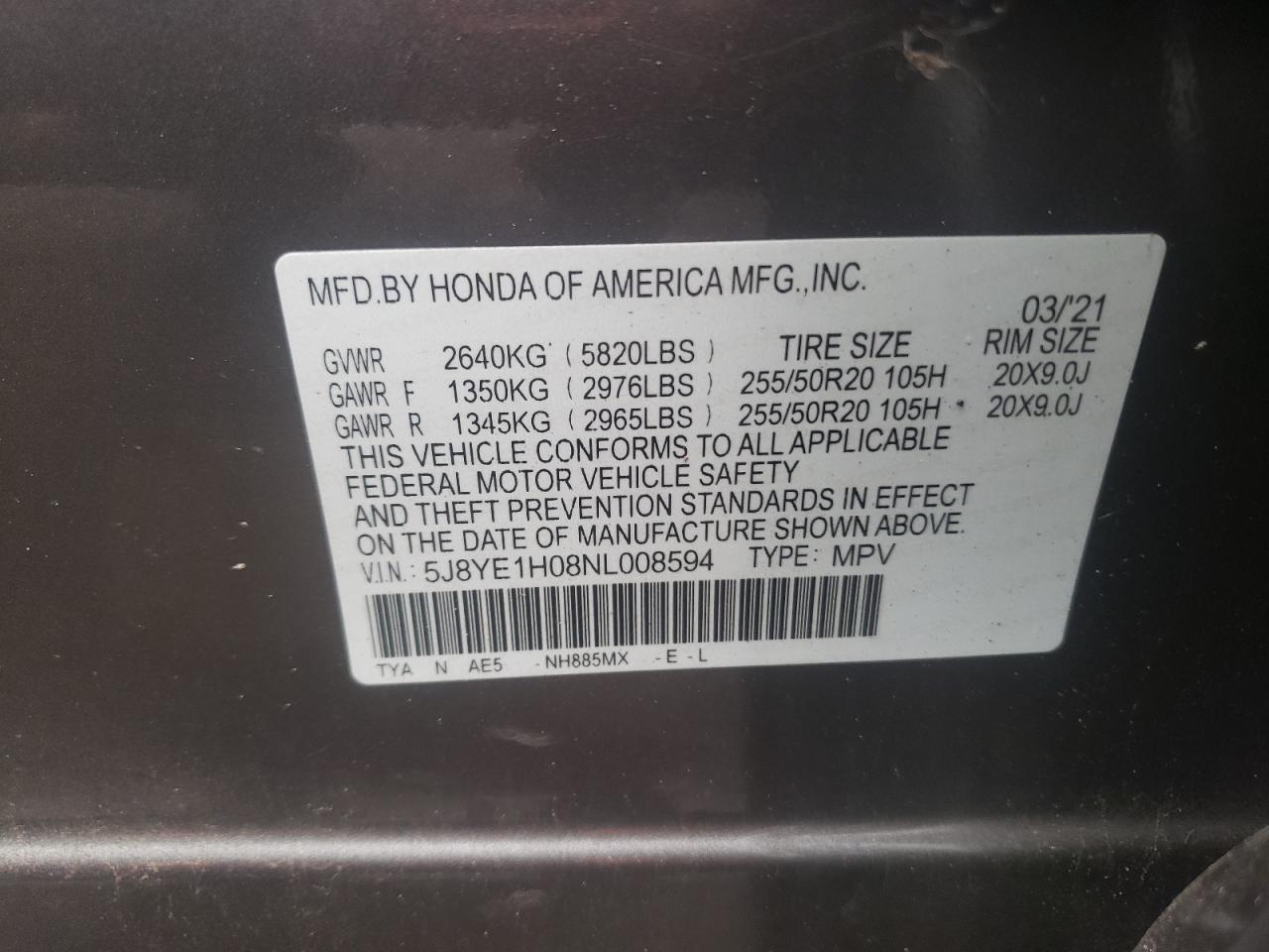 2022 ACURA MDX A-SPEC VIN:5J8YE1H08NL008594