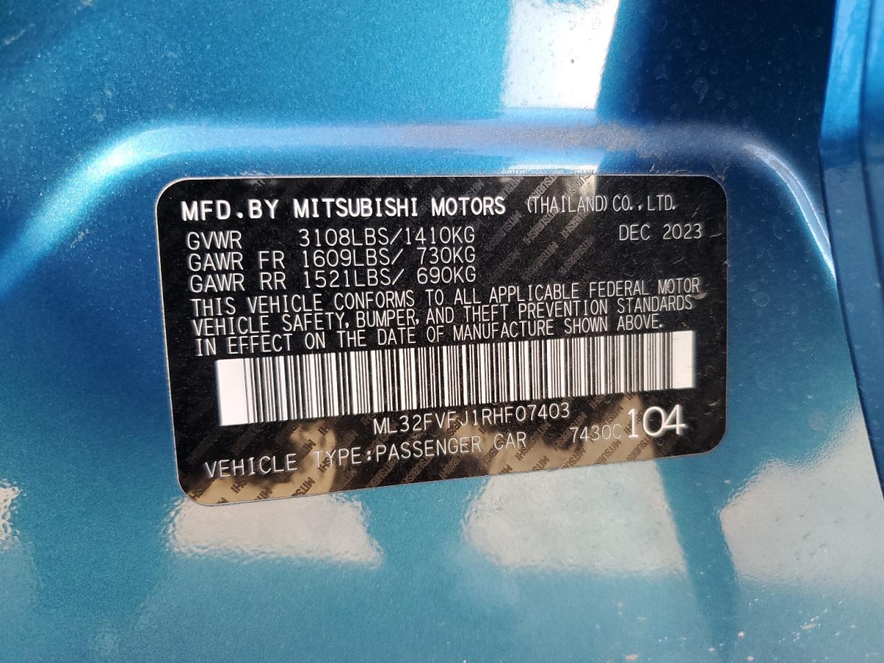 2024 MITSUBISHI MIRAGE G4 SE VIN:ML32FVFJ1RHF07403