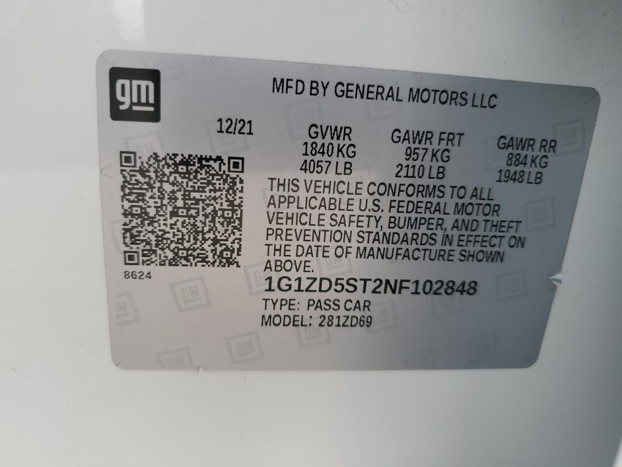 2022 CHEVROLET MALIBU LT VIN:1G1ZD5ST2NF102848