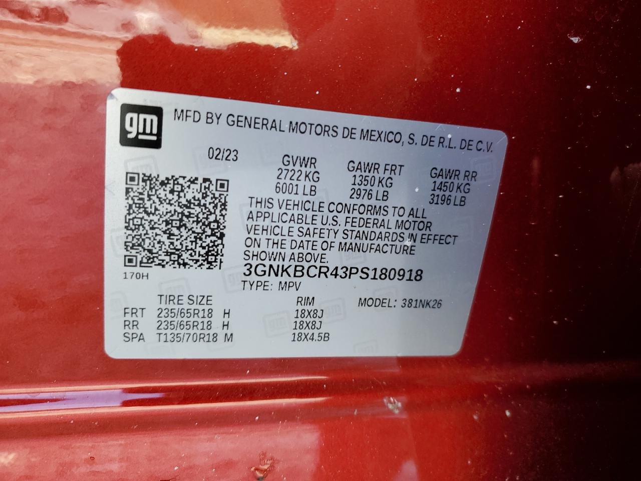 2023 CHEVROLET BLAZER 2LT VIN:3GNKBCR43PS180918