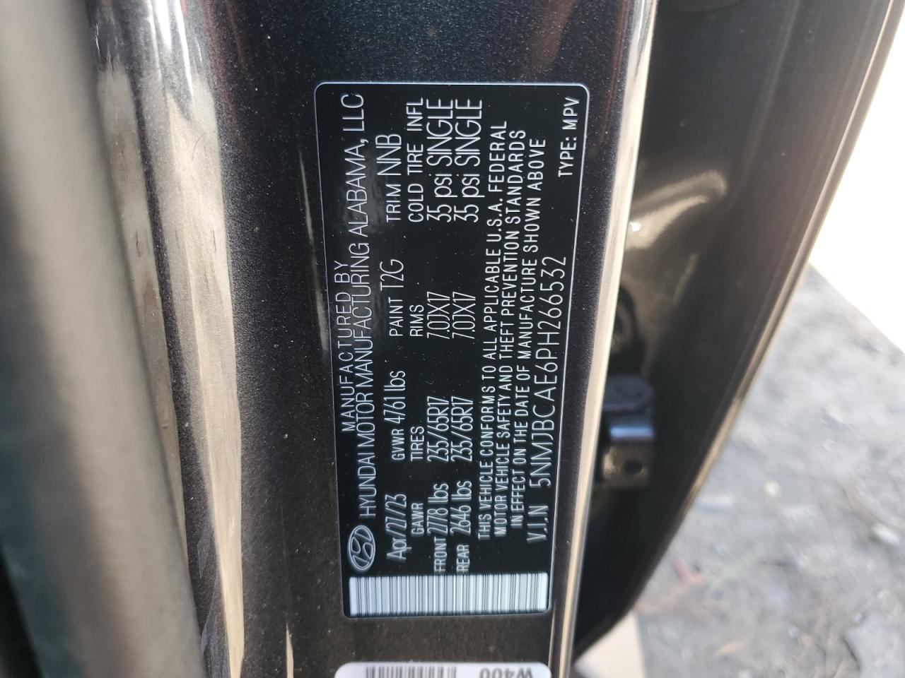 2023 HYUNDAI TUCSON SEL VIN:5NMJBCAE6PH266532