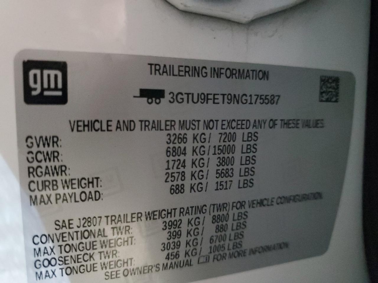 2022 GMC SIERRA LIMITED K1500 DENALI VIN:3GTU9FET9NG175587