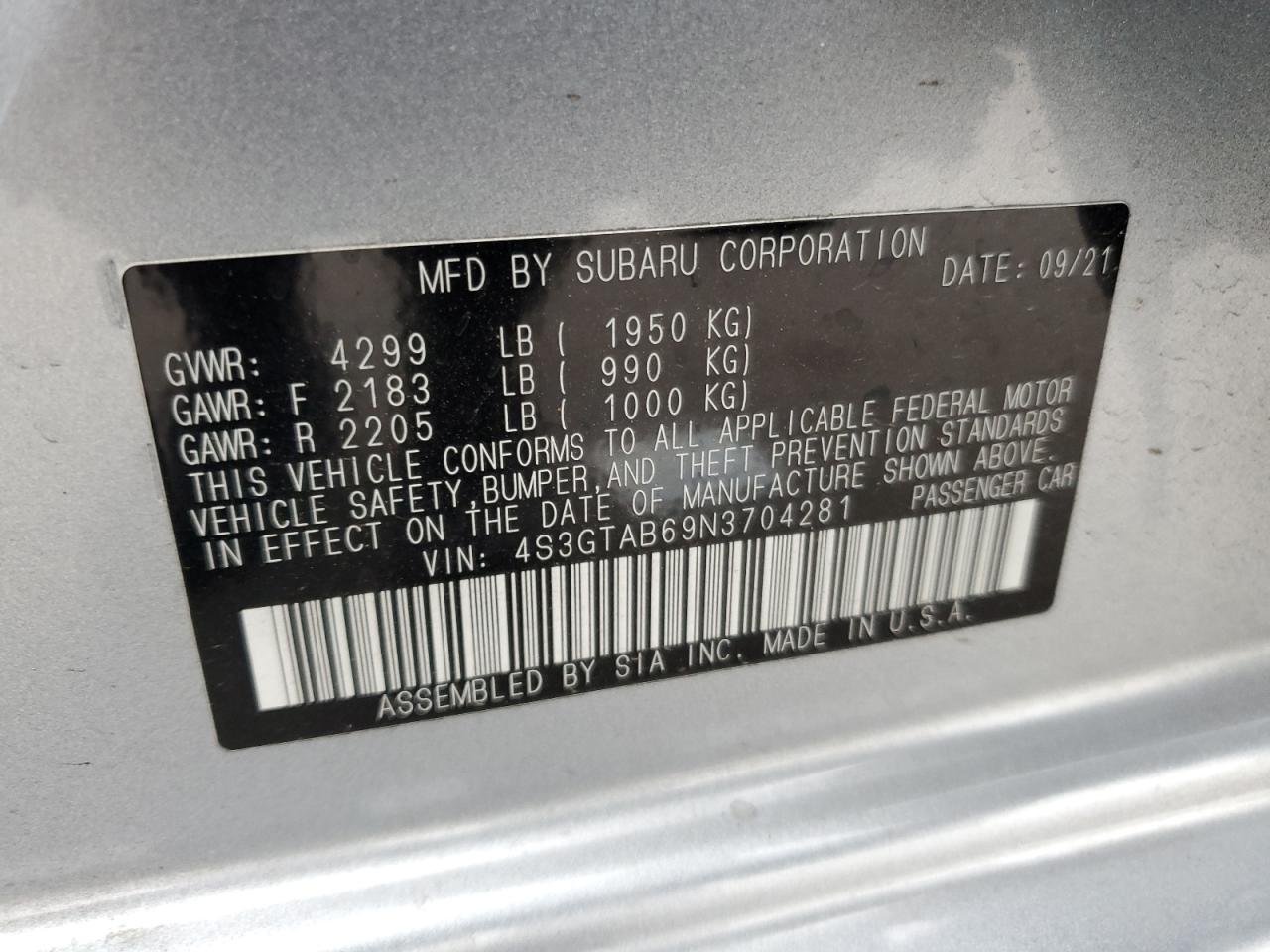 2022 SUBARU IMPREZA  VIN:4S3GTAB69N3704281