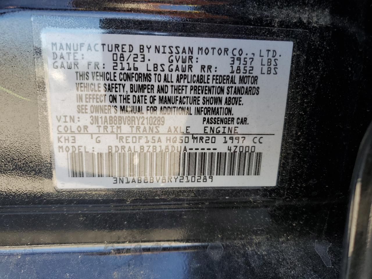 2024 NISSAN SENTRA S VIN:3N1AB8BV8RY210289